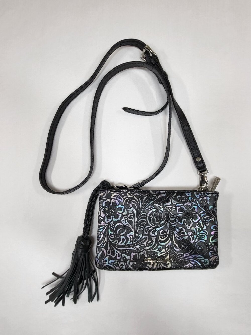 Tommy Bahama Embossed Leather Iridescent Floral Crossbody Bag Tassel
